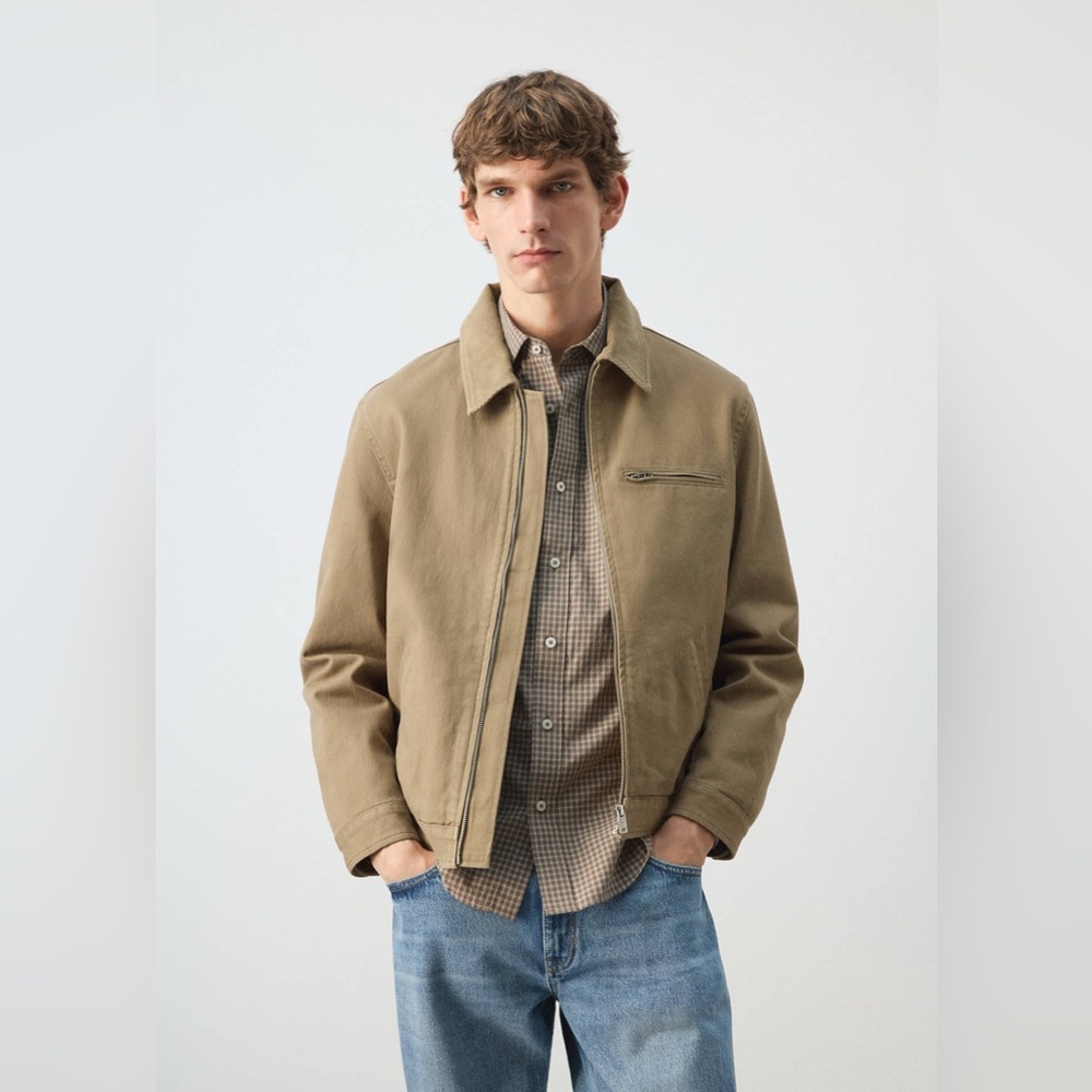 NWT MANGO Corduroy Collar Denim Jacket in Beige